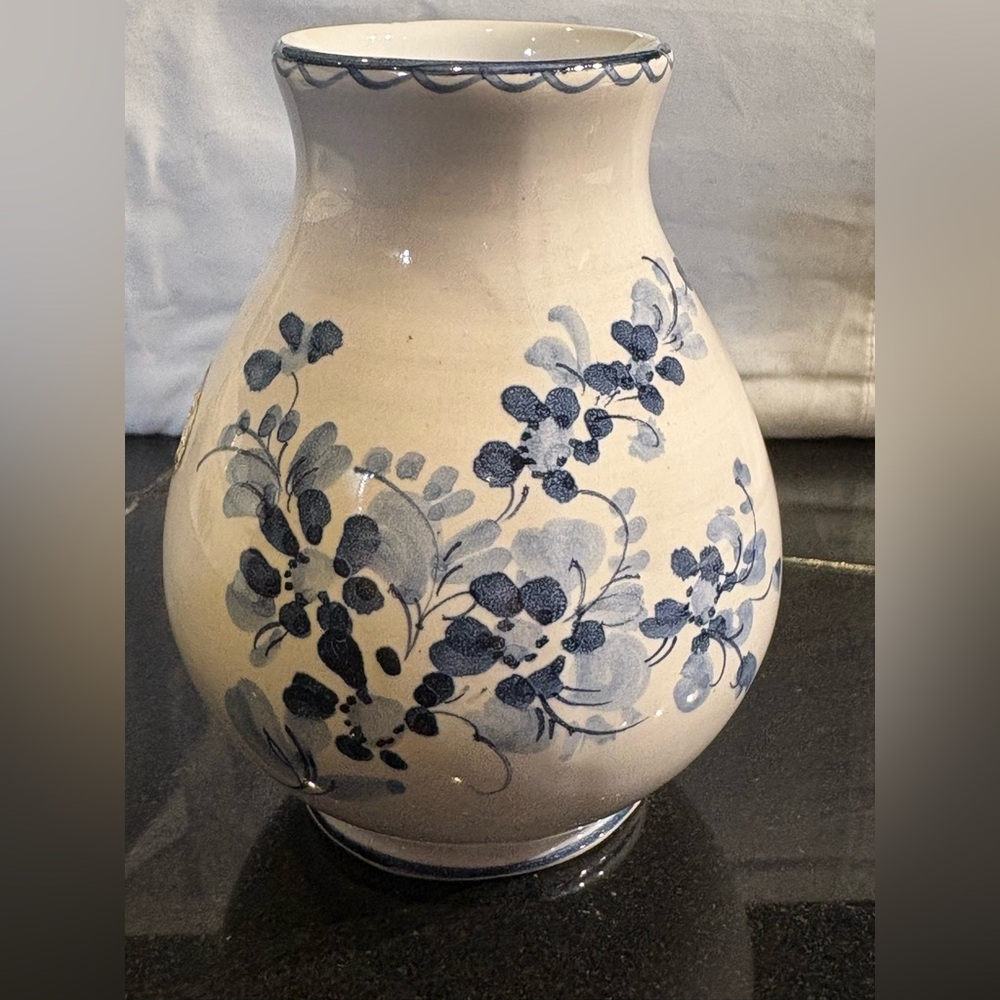 Vintage German Blue and White Floral Ceramic Vase handpainted Ulmer Keramik